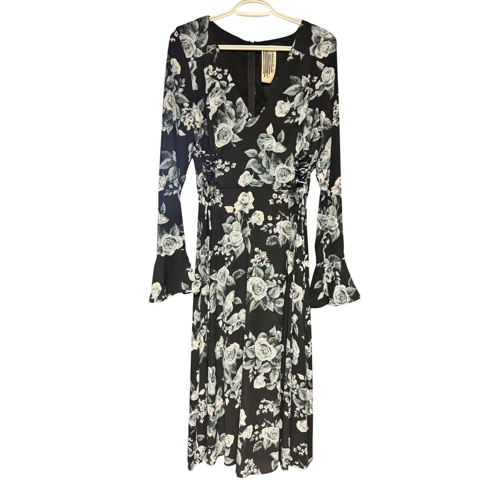 Free People Black White Rooftop Midi Floral Rose Lace Up Bell Sleeve Dress Small